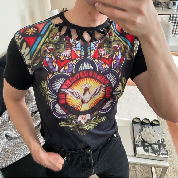 Reworked colorful one of a kind clubbing it boy cutout short sleeve tee size S - Picture 11 of 14